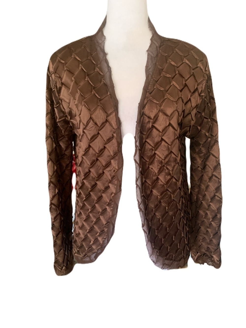 Komarov Women’s Medium Brown Textured Crinkle Sheer Trim Open Front Cardigan